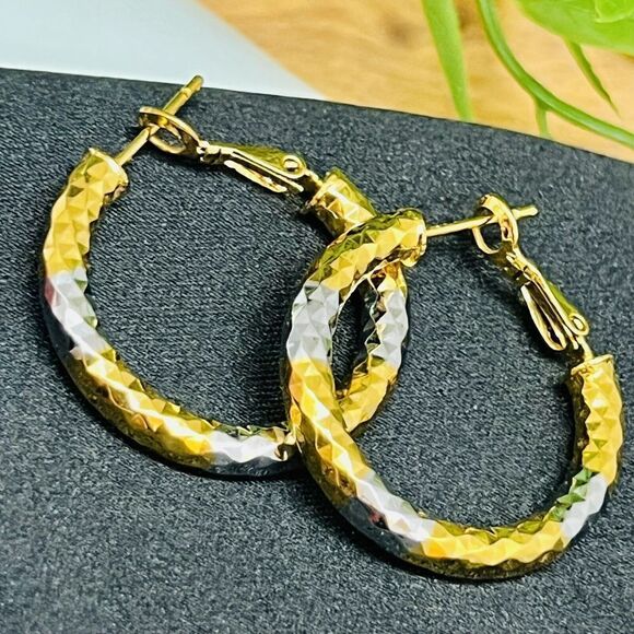 Vintage Diamond-cut Hoop Earrings Diva Sparkling Fancy Drop Silver Gold 1191 - Picture 1 of 6